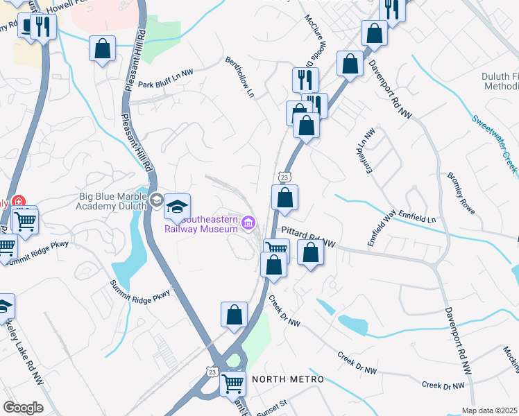 map of restaurants, bars, coffee shops, grocery stores, and more near 3274 Grovewood Lane in Duluth