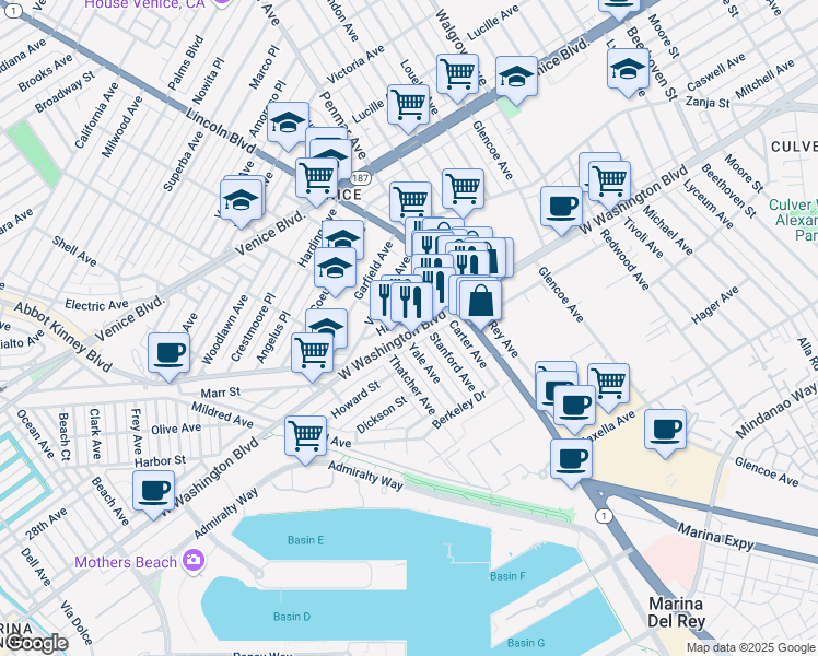 map of restaurants, bars, coffee shops, grocery stores, and more near 3112 Washington Boulevard in Los Angeles