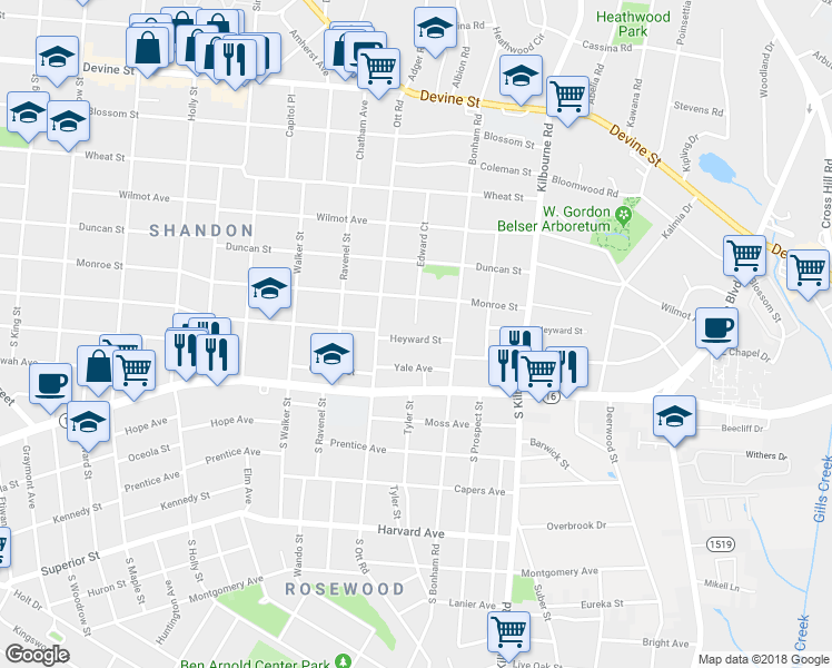 map of restaurants, bars, coffee shops, grocery stores, and more near 3501 Heyward Street in Columbia