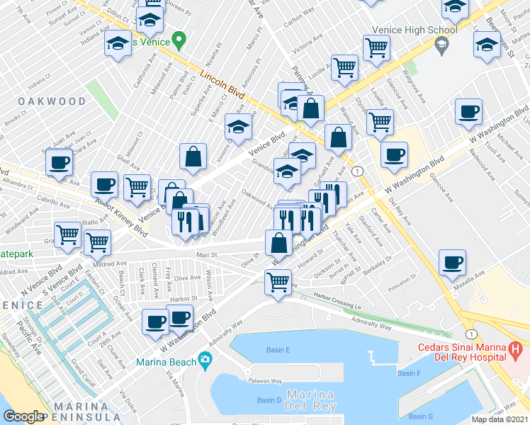 map of restaurants, bars, coffee shops, grocery stores, and more near 720 Angelus Place in Los Angeles