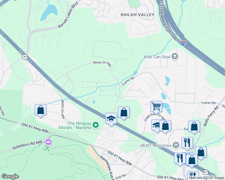 map of restaurants, bars, coffee shops, grocery stores, and more near 509 Water Birch Way in Marietta