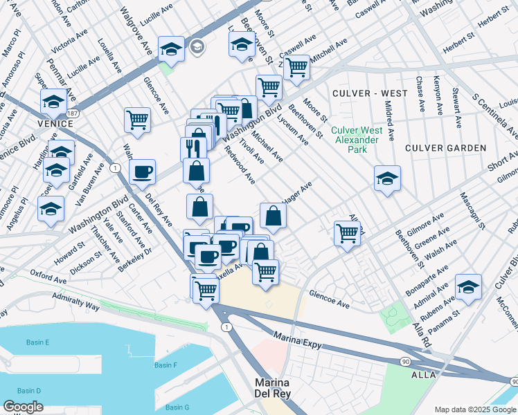 map of restaurants, bars, coffee shops, grocery stores, and more near 4151 Redwood Avenue in Los Angeles