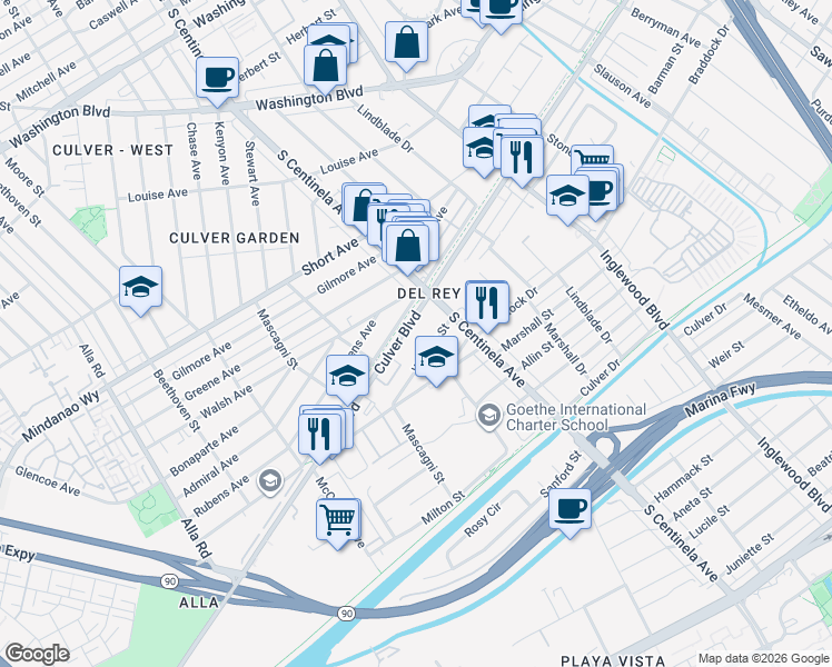 map of restaurants, bars, coffee shops, grocery stores, and more near 12445 Culver Boulevard in Los Angeles