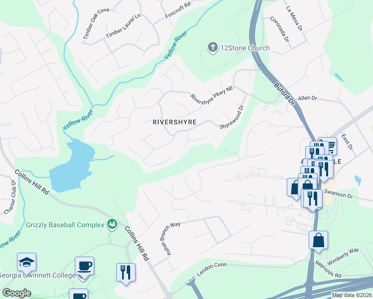 map of restaurants, bars, coffee shops, grocery stores, and more near 1141 Shyreton Place in Lawrenceville
