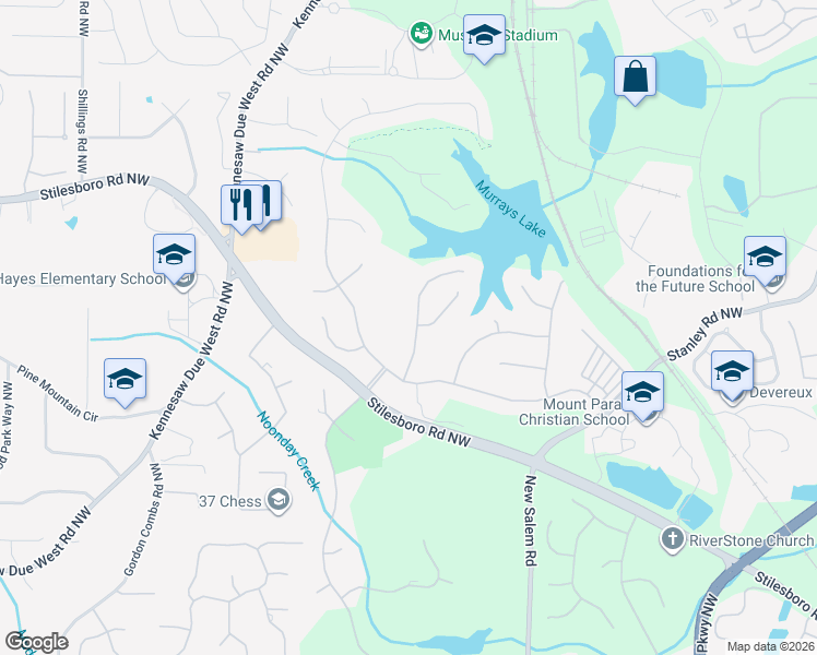map of restaurants, bars, coffee shops, grocery stores, and more near 1427 Falkirk Lane Northwest in Kennesaw