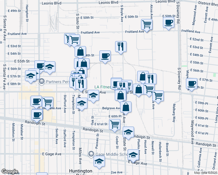 map of restaurants, bars, coffee shops, grocery stores, and more near 5820 Bickett St in Huntington Park