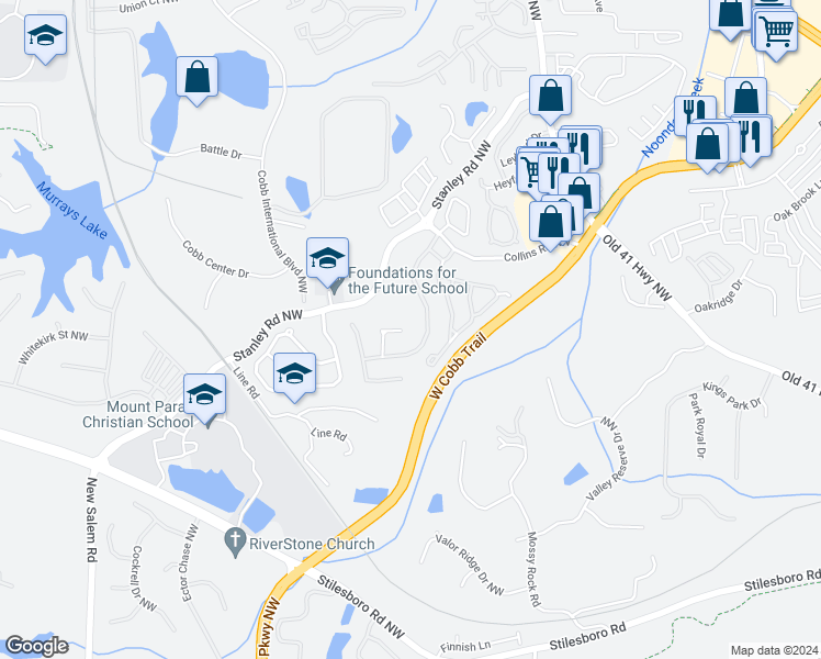 map of restaurants, bars, coffee shops, grocery stores, and more near 1450 Lady Slipper Court Northwest in Kennesaw