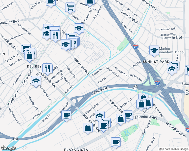 map of restaurants, bars, coffee shops, grocery stores, and more near 11966 Culver Drive in Culver City