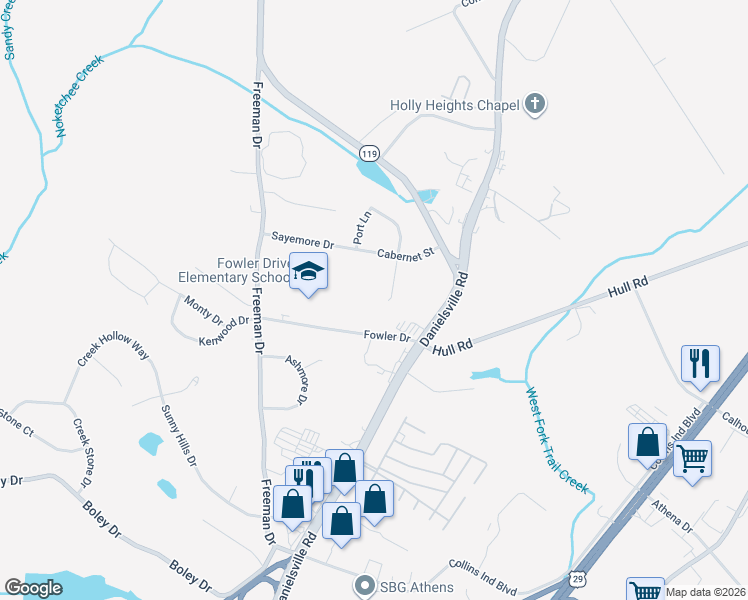 map of restaurants, bars, coffee shops, grocery stores, and more near 124 Burgundy Court in Athens
