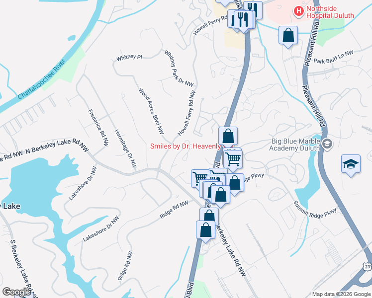map of restaurants, bars, coffee shops, grocery stores, and more near 206 Berkeley Woods Drive in Duluth