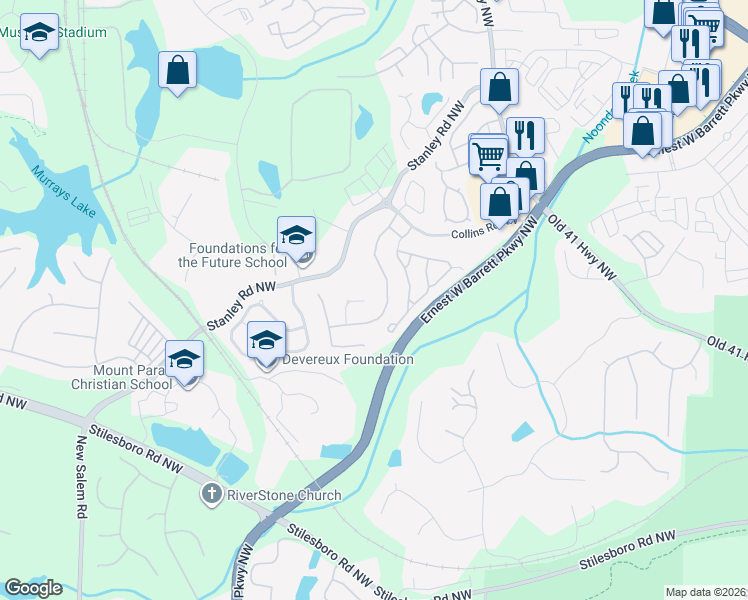 map of restaurants, bars, coffee shops, grocery stores, and more near 1447 Lady Slipper Court Northwest in Kennesaw