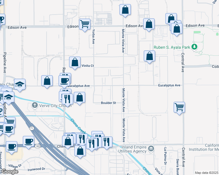 map of restaurants, bars, coffee shops, grocery stores, and more near 4775 Eucalyptus Avenue in Chino