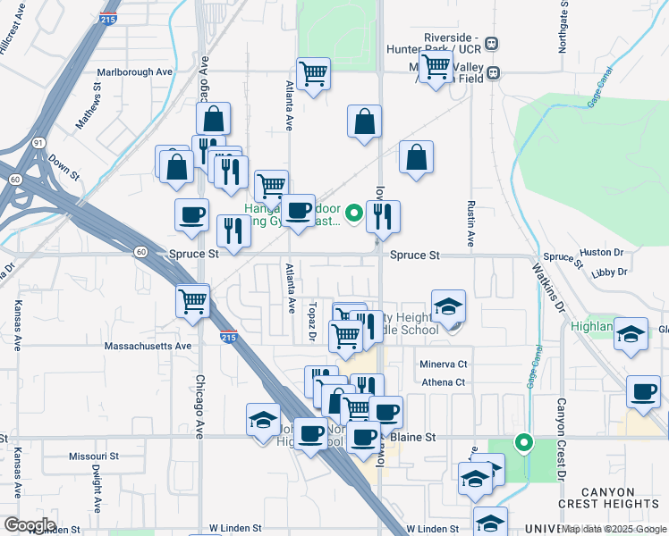 map of restaurants, bars, coffee shops, grocery stores, and more near 1457 Clemson Way in Riverside