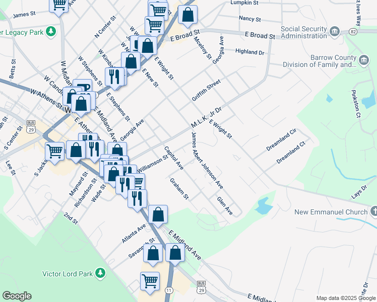 map of restaurants, bars, coffee shops, grocery stores, and more near 152 Glen Circle in Winder