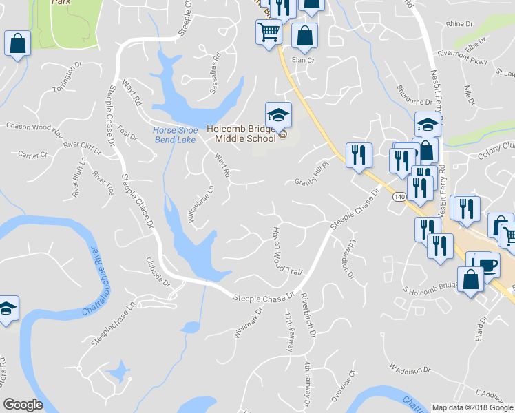 map of restaurants, bars, coffee shops, grocery stores, and more near 355 Banyon Brook Point in Roswell