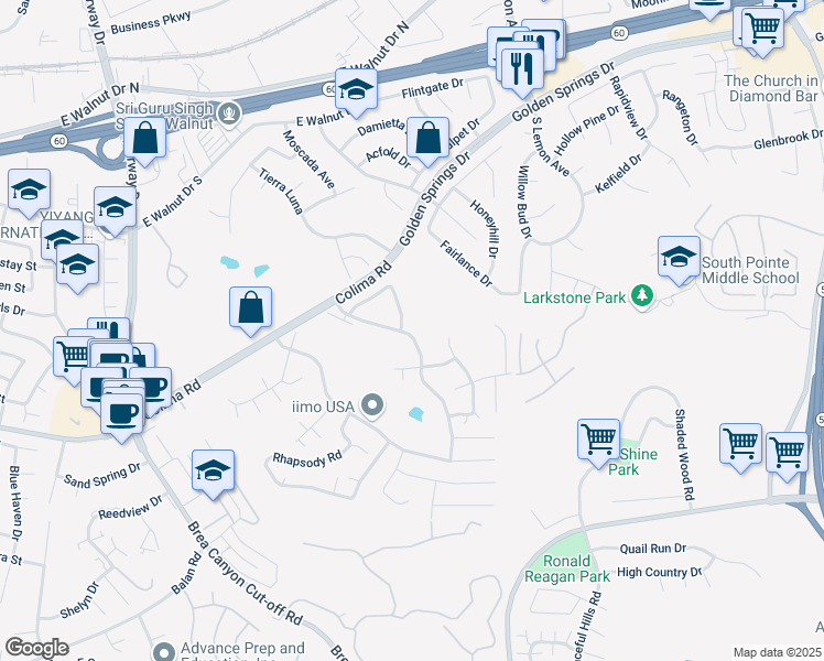 map of restaurants, bars, coffee shops, grocery stores, and more near 1554 Leanne Terrace in Walnut