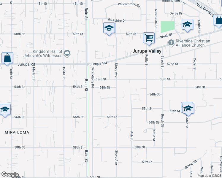 map of restaurants, bars, coffee shops, grocery stores, and more near 10042 54th Street in Riverside