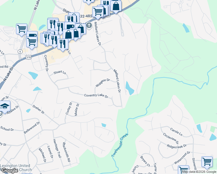 map of restaurants, bars, coffee shops, grocery stores, and more near 116 Brook Trout Court in Lexington