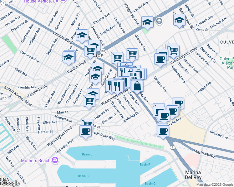 map of restaurants, bars, coffee shops, grocery stores, and more near 3206 Washington Boulevard in Marina del Rey