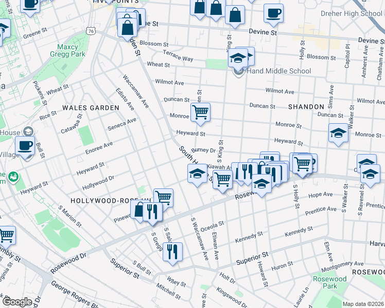 map of restaurants, bars, coffee shops, grocery stores, and more near 130 South Harden Street in Columbia