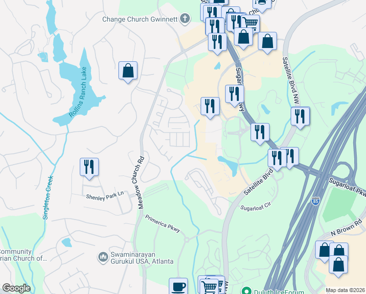 map of restaurants, bars, coffee shops, grocery stores, and more near 2093 Meadow Peak Road in Duluth