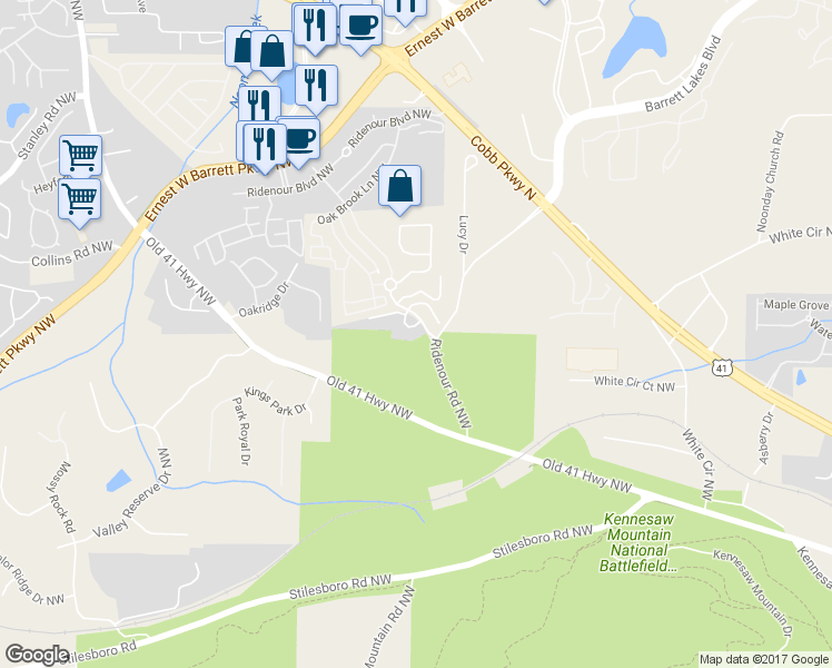 map of restaurants, bars, coffee shops, grocery stores, and more near 1100 Ridenour Court Northwest in Kennesaw