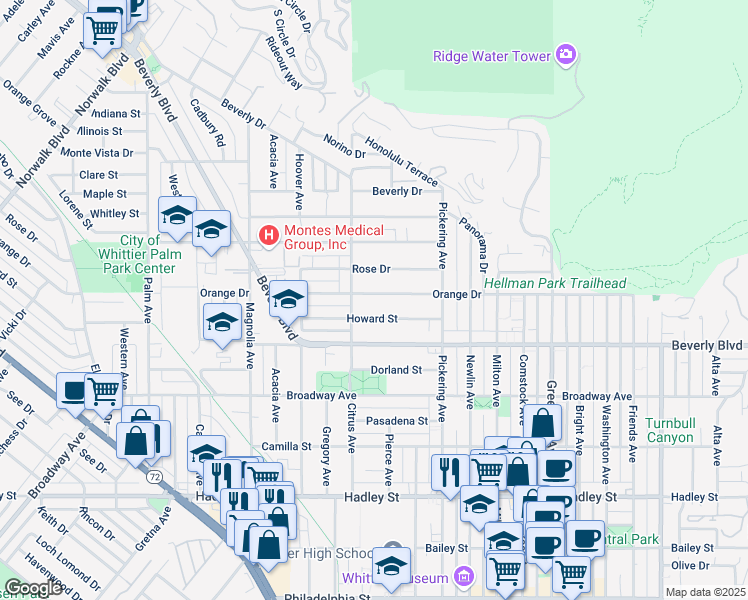 map of restaurants, bars, coffee shops, grocery stores, and more near 12328 Orange Drive in Whittier