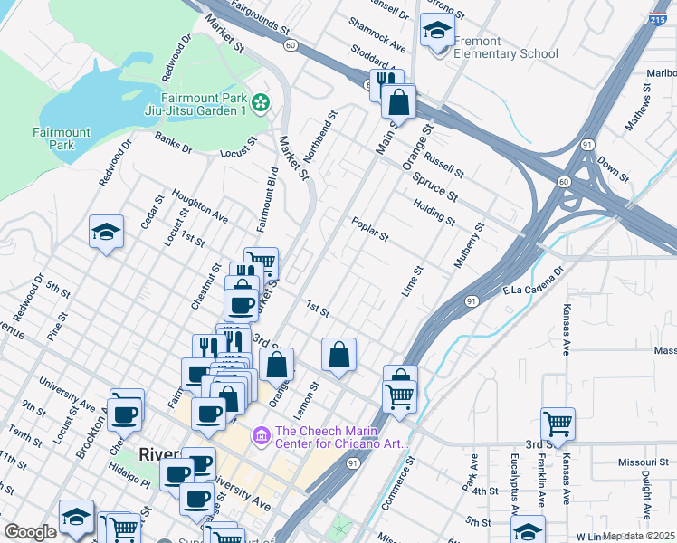 map of restaurants, bars, coffee shops, grocery stores, and more near 3003 Orange Street in Riverside