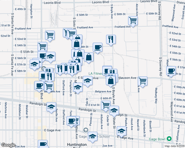 map of restaurants, bars, coffee shops, grocery stores, and more near 5795 Bickett Street in Huntington Park