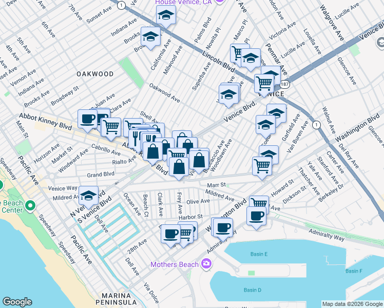 map of restaurants, bars, coffee shops, grocery stores, and more near 604 Venezia Avenue in Los Angeles