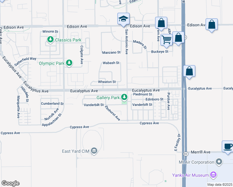 map of restaurants, bars, coffee shops, grocery stores, and more near 6641 Eucalyptus Avenue in Chino