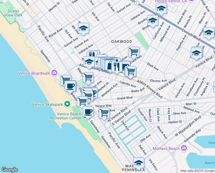 map of restaurants, bars, coffee shops, grocery stores, and more near 1366 Riviera Avenue in Los Angeles