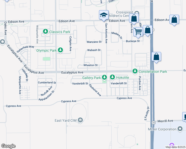 map of restaurants, bars, coffee shops, grocery stores, and more near 6611 Eucalyptus Avenue in Chino