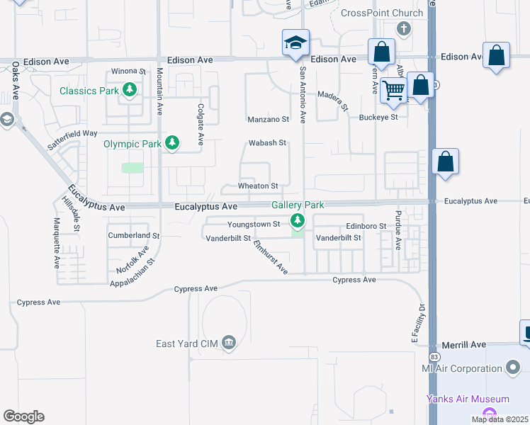 map of restaurants, bars, coffee shops, grocery stores, and more near 6611 Eucalyptus Avenue in Chino