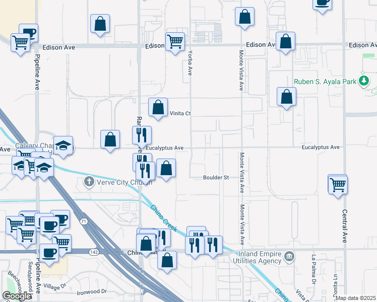 map of restaurants, bars, coffee shops, grocery stores, and more near 14522 Yorba Avenue in Chino