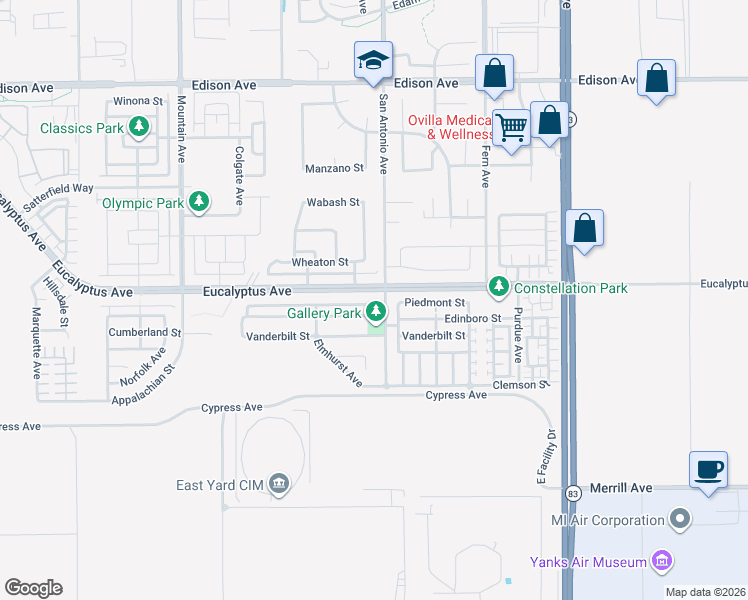 map of restaurants, bars, coffee shops, grocery stores, and more near 6685 Eucalyptus Avenue in Chino