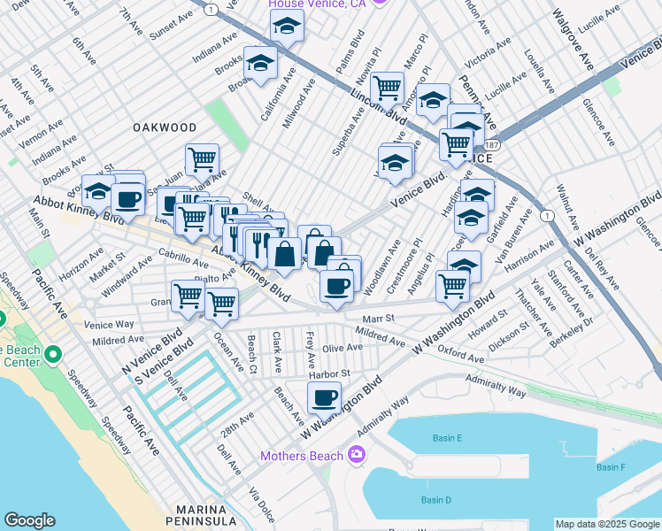 map of restaurants, bars, coffee shops, grocery stores, and more near in Los Angeles
