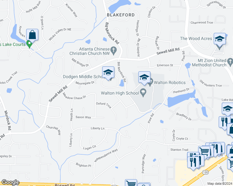 map of restaurants, bars, coffee shops, grocery stores, and more near 1604 Princeton West Trail in Marietta