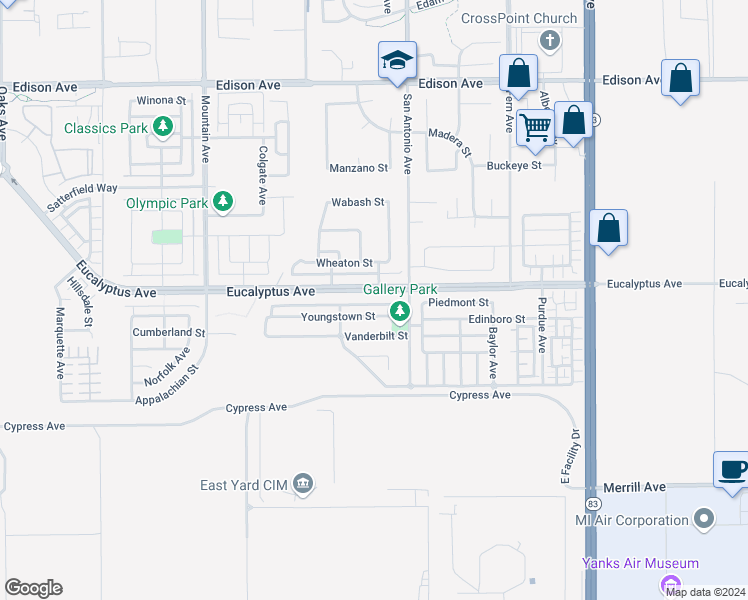 map of restaurants, bars, coffee shops, grocery stores, and more near 6641 Eucalyptus Avenue in Chino