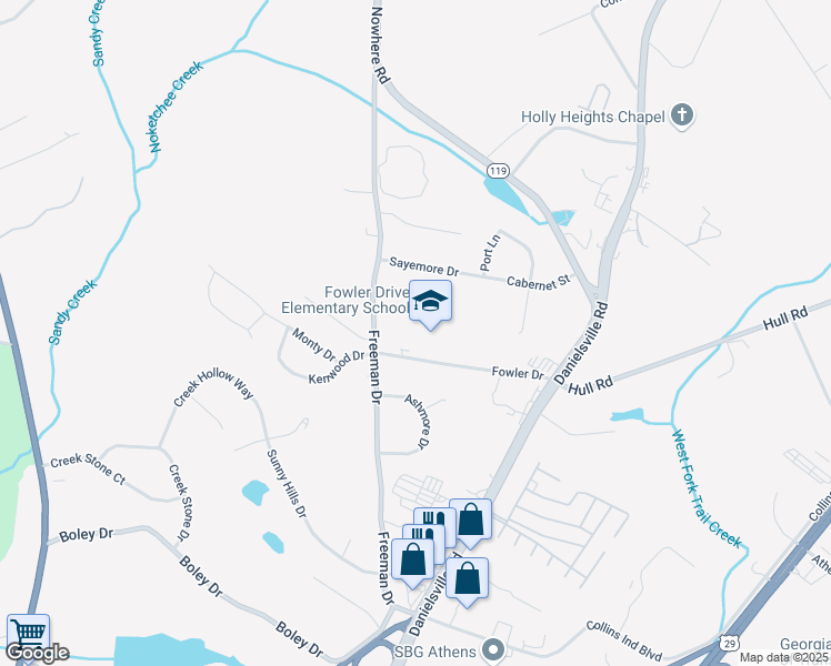 map of restaurants, bars, coffee shops, grocery stores, and more near 400 Fowler Drive in Athens