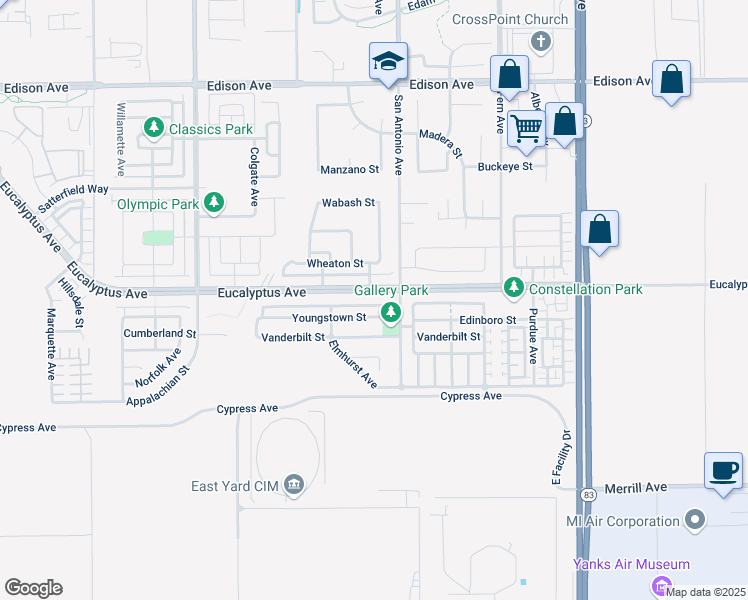 map of restaurants, bars, coffee shops, grocery stores, and more near 6657 Eucalyptus Avenue in Chino