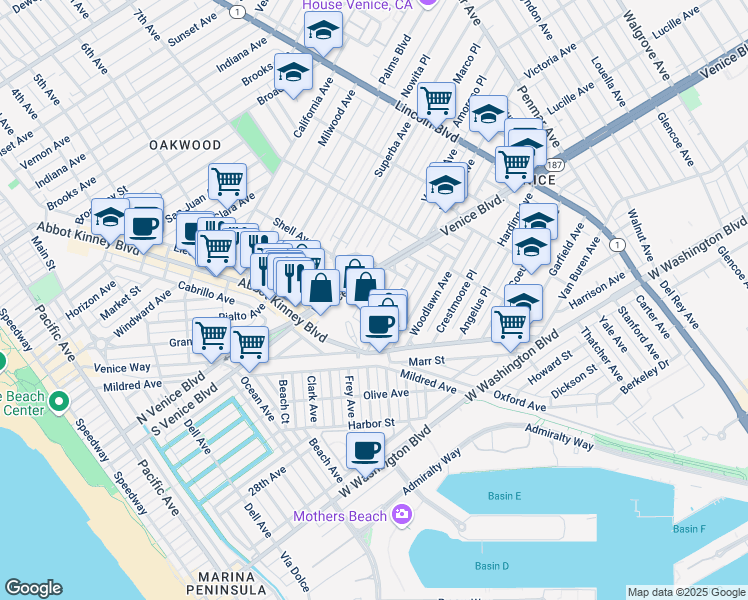 map of restaurants, bars, coffee shops, grocery stores, and more near 604 Venezia Avenue in Los Angeles