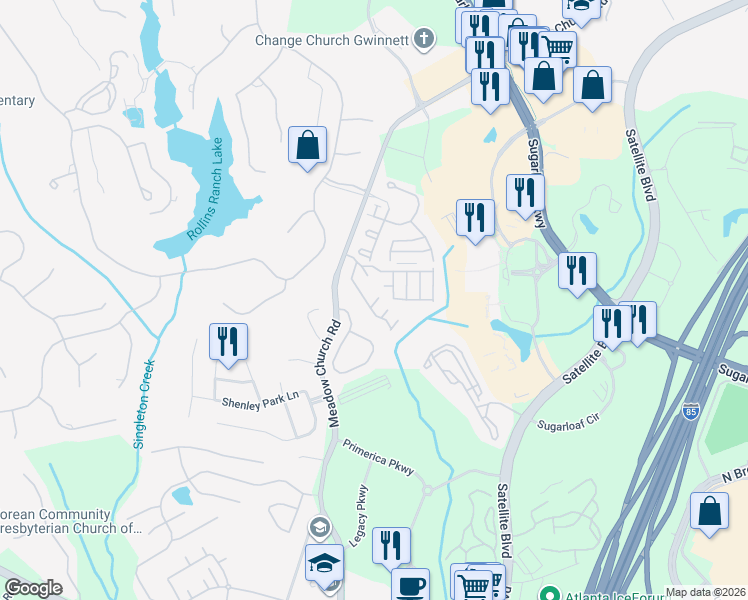 map of restaurants, bars, coffee shops, grocery stores, and more near 2694 Ridge Run Tr in Duluth
