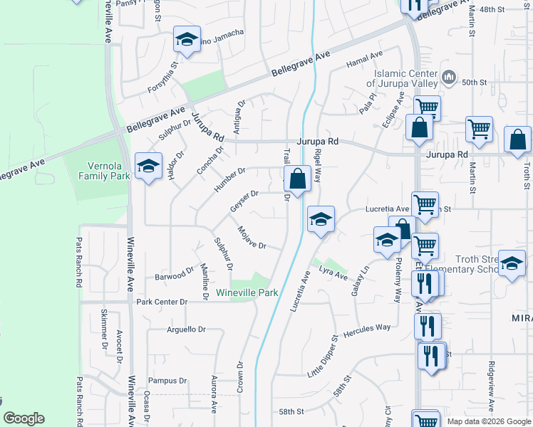 map of restaurants, bars, coffee shops, grocery stores, and more near 11421 Pena Way in Jurupa Valley
