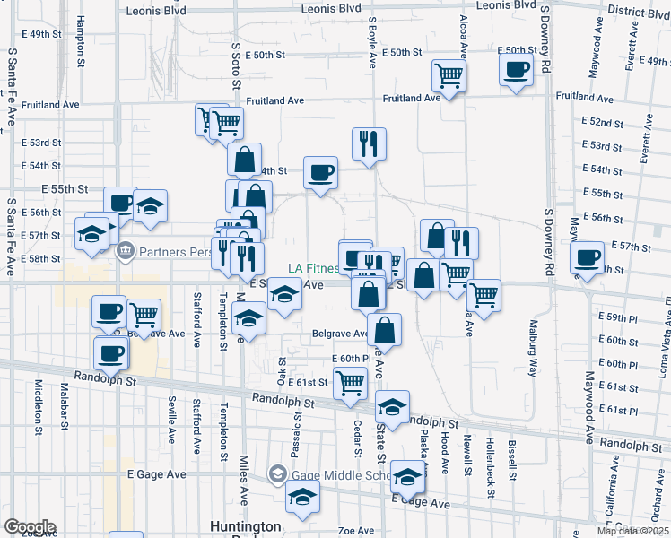 map of restaurants, bars, coffee shops, grocery stores, and more near 5820 Bickett Street in Huntington Park