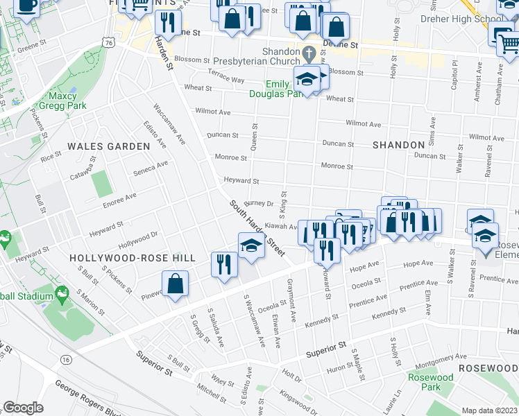 map of restaurants, bars, coffee shops, grocery stores, and more near 2502 Burney Drive in Columbia