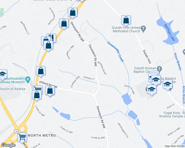 map of restaurants, bars, coffee shops, grocery stores, and more near 3149 Roundfield Circle in Duluth