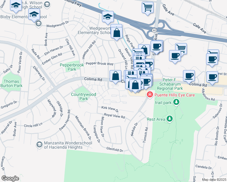 map of restaurants, bars, coffee shops, grocery stores, and more near 17042 Colima Road in Hacienda Heights