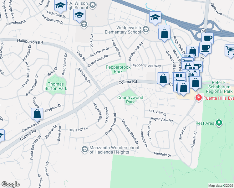 map of restaurants, bars, coffee shops, grocery stores, and more near 1841 Clear River Lane in Hacienda Heights