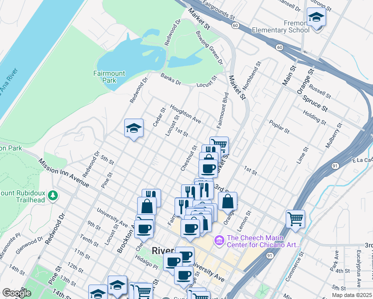 map of restaurants, bars, coffee shops, grocery stores, and more near 4035 2nd Street in Riverside